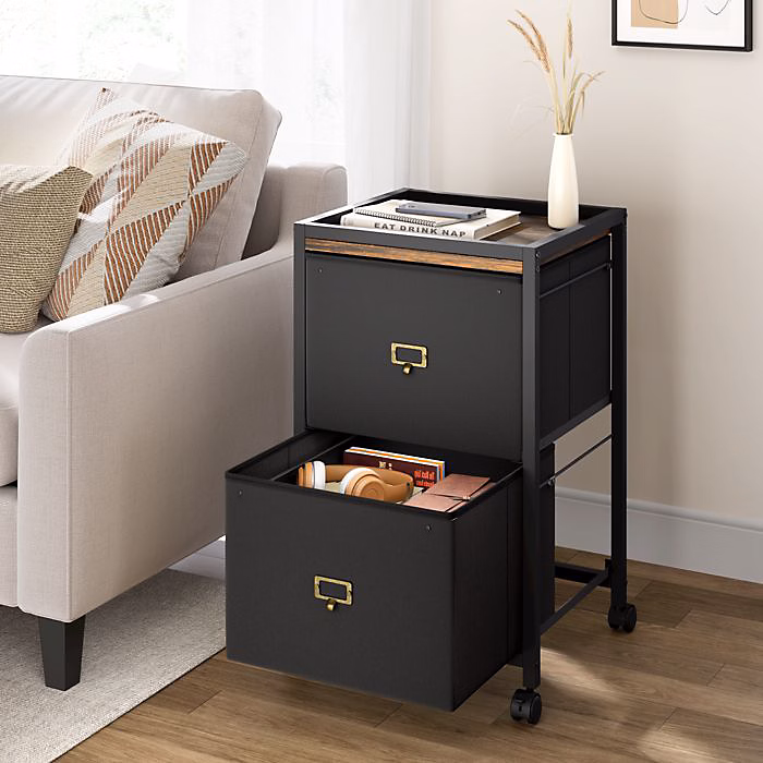 Commode avec 2 Tiroirs – Noir, Tissu, Style Industriel, 40 × 40 × 66CM, Mobile avec roulettes