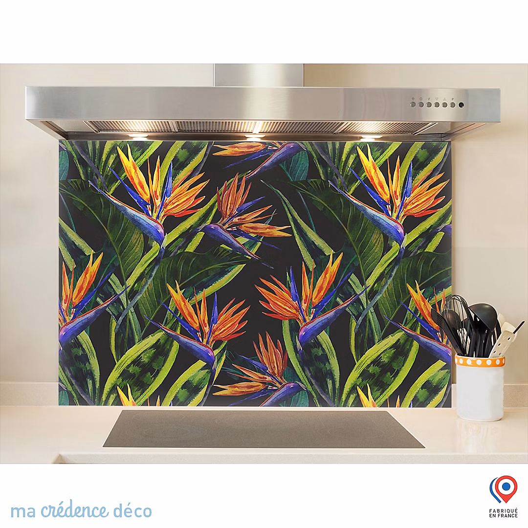 Crédence cuisine fond de hotte feuilles et fleurs tropicales 2 – Verre trempé, L 90 cm x H 50 cm, MaCrédenceDéco
