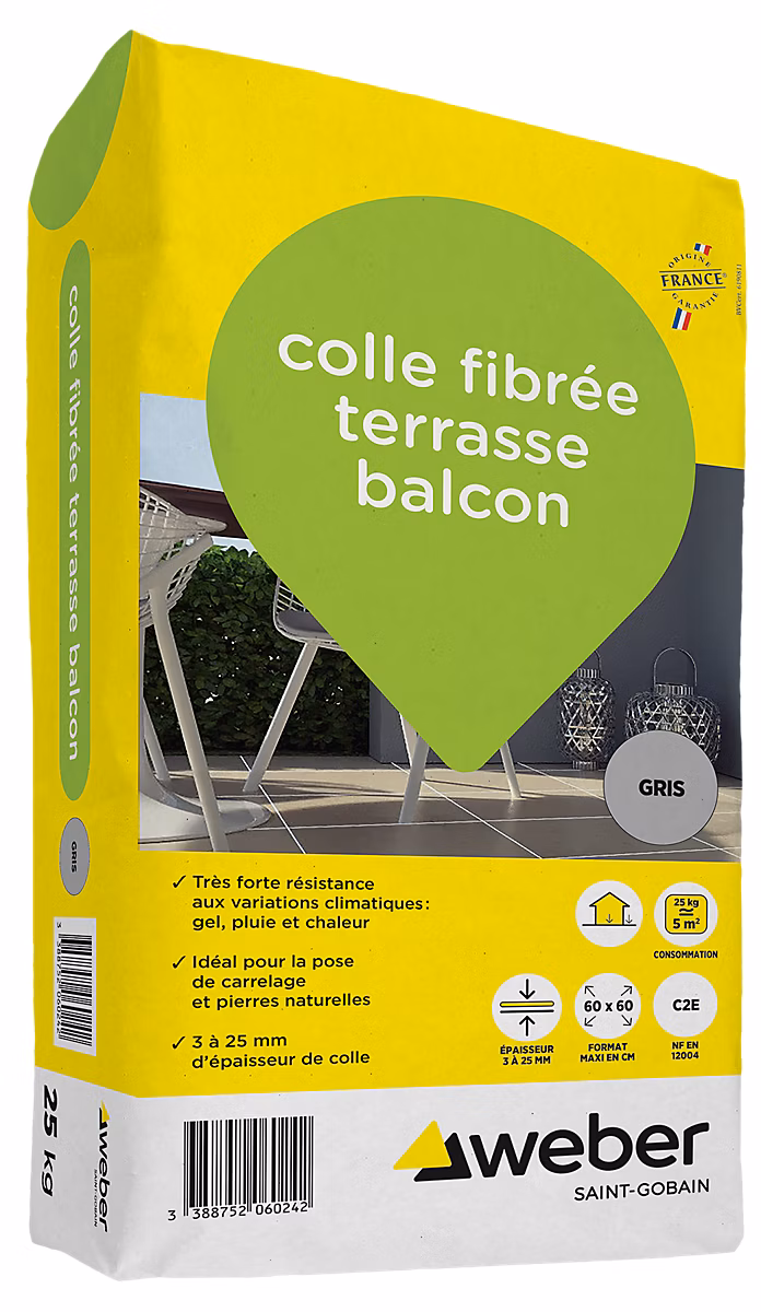 Colle carrelage – Colle fibrée terrasse balcon gris Weber 25kg