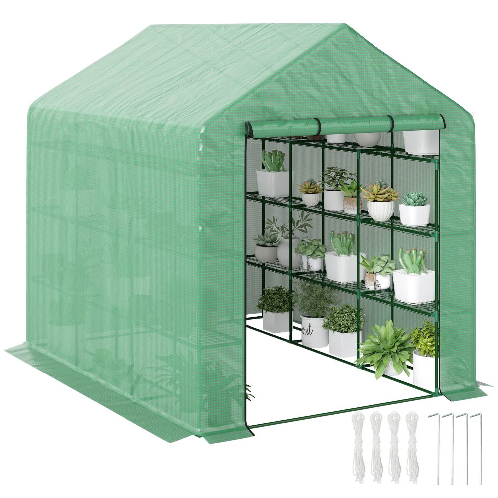 Serre de jardin d'hivernage avec étagères 3 niveaux porte enroulable tube en 244 x 180 x 210 cm Acier Vert