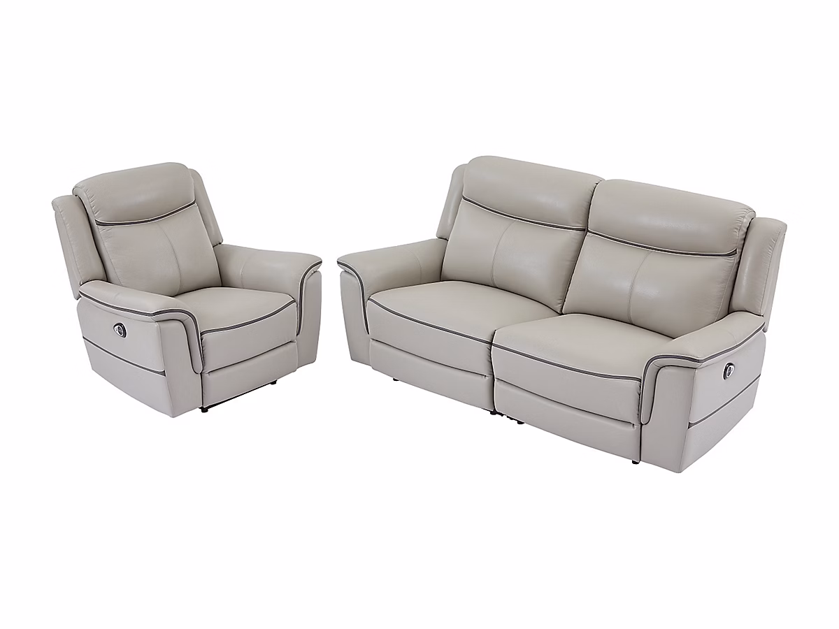 Canapé et fauteuil – Canapé 3 places et fauteuil relax électrique en cuir gris clair ADELIO