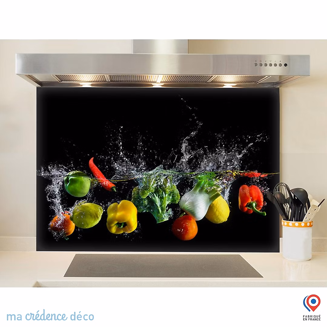 Crédence cuisine fond de hotte Bain de légumes – Verre trempé | L 60 cm x H 45 cm | MaCrédenceDéco