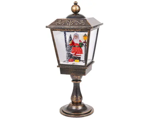 Pour un jardin plus pratique：Lanterne coloris gris antique avec père Noël à LED blanc froid et effet neige tombante - 27 x 27 x 70 cm
