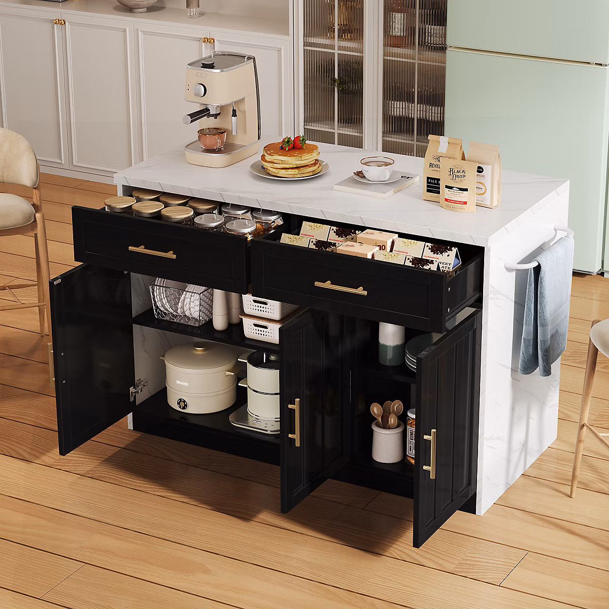 Îlot de Cuisine – Desserte de Cuisine, Prise et Ports USB, Étagères Réglables et Porte-Serviettes, MDF, Blanc/Noir, 120 × 60 × 91 cm