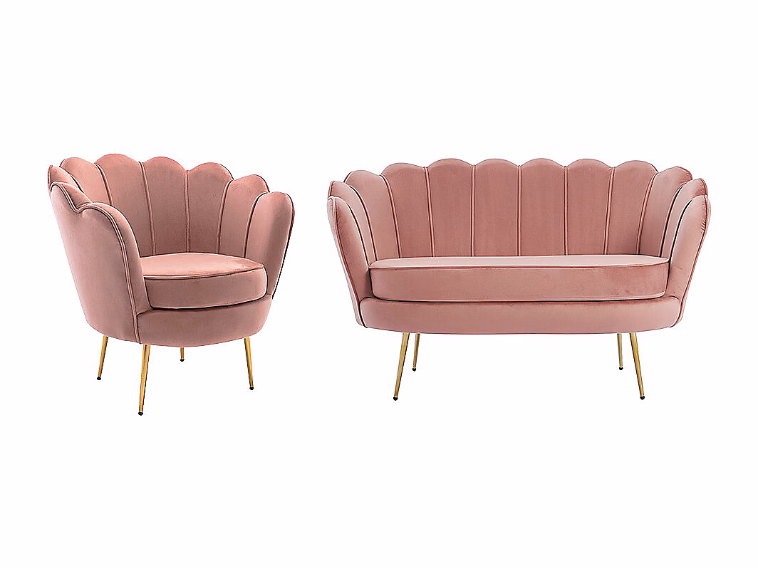 Canapé et fauteuil – Canapé 2 places et fauteuil coquillage en velours rose DANDELION