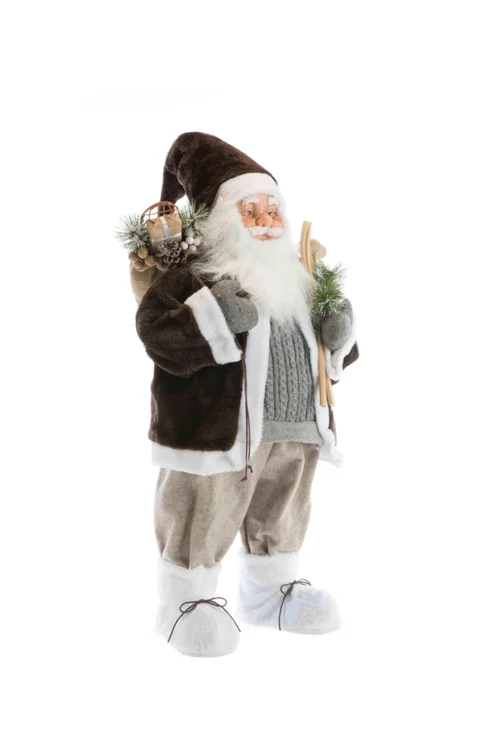 Choix pour le jardin:Père Noël en tissu brun/gris avec hotte de cadeaux et skis - 150 cm