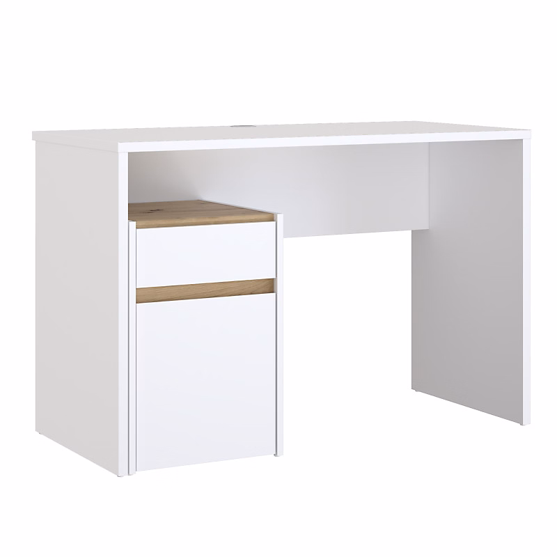 Bureau 110 cm blanc mat et décor bois de chêne avec caisson – ODYSSÉE