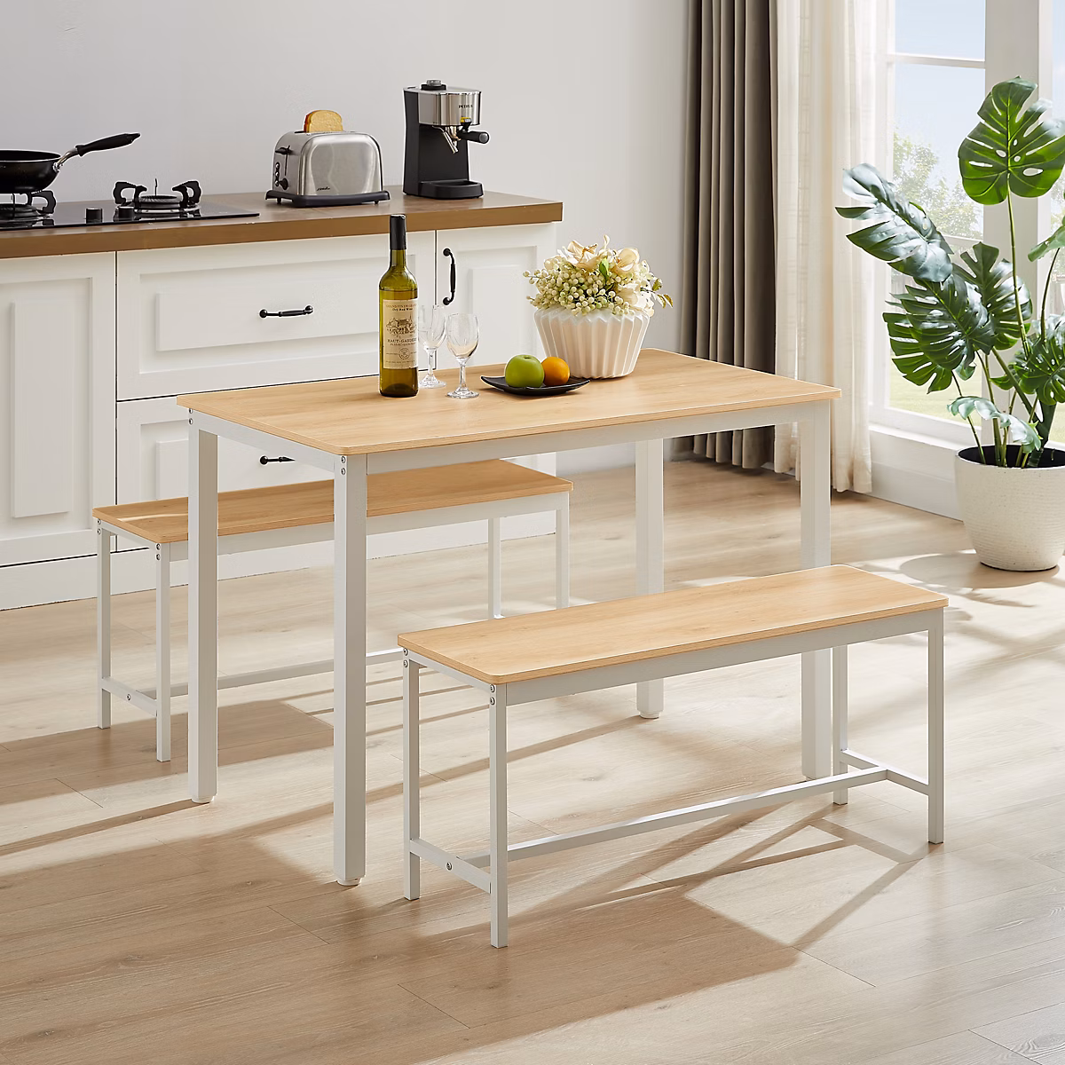 Ensemble table et chaise – Ensemble table à manger 110 cm en panneaux de particules et acier blanc