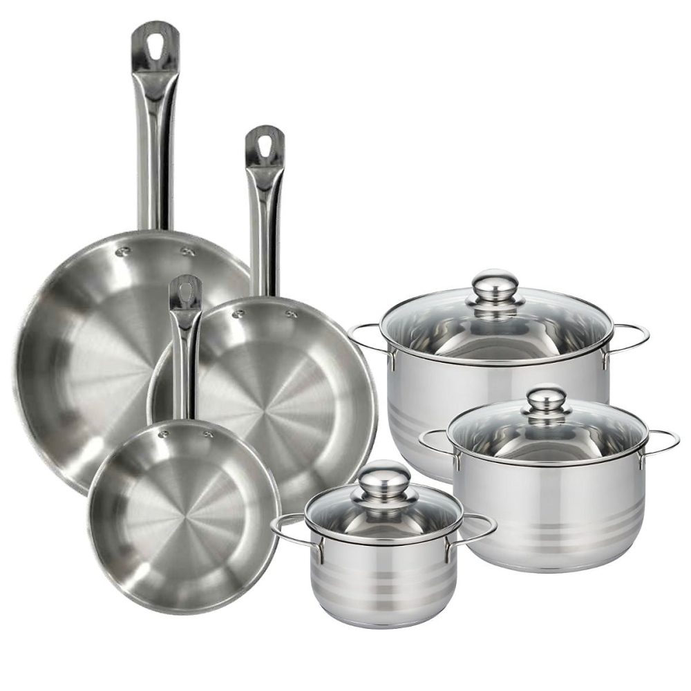 Matériel de cuisson – Batterie de cuisine avec 3 poêles 20/24/28 cm et 3 faitouts 16/20/24 cm en inox sans PFAS Fackelmann Eterna Brillant