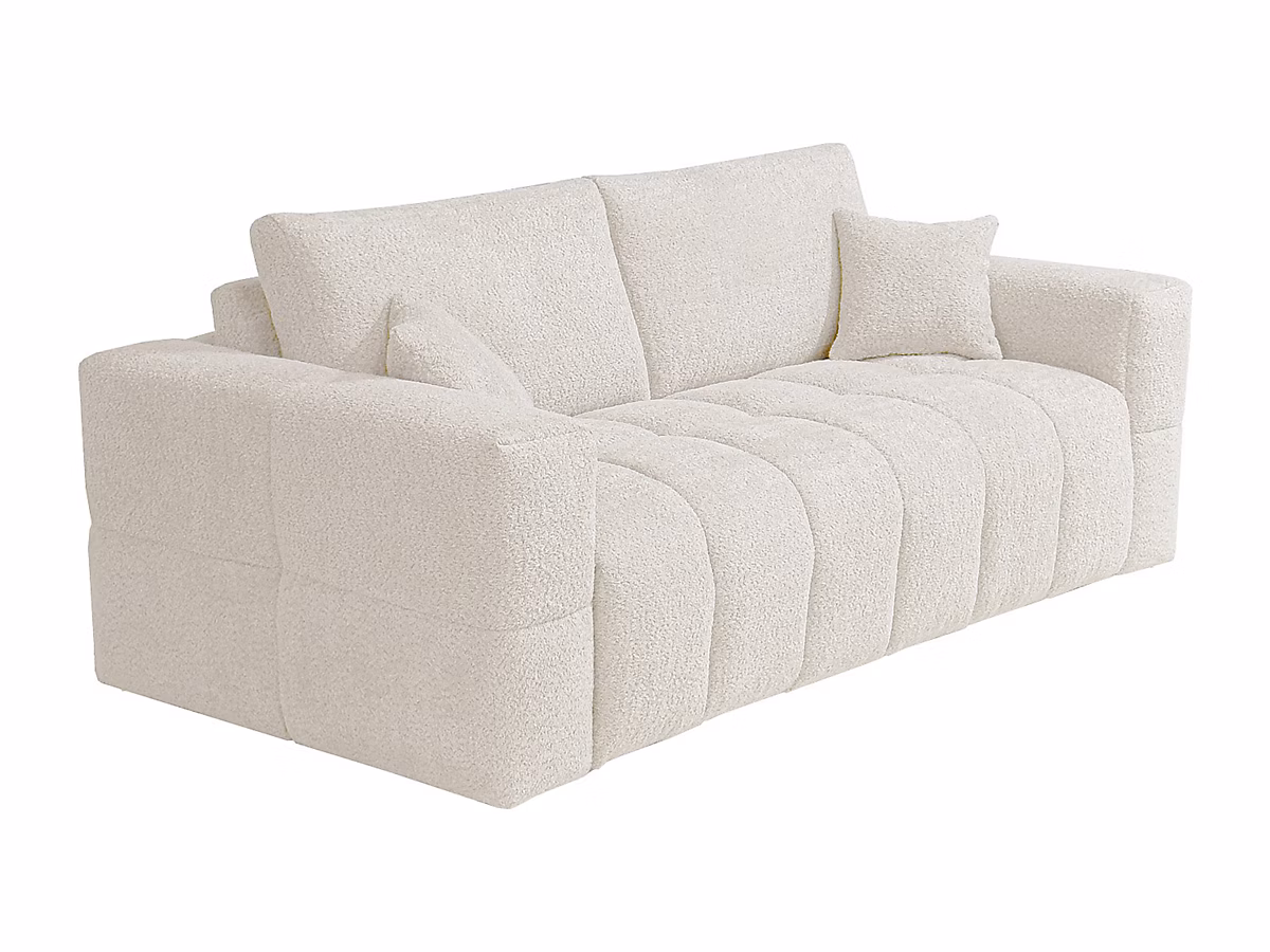 Canapé 4 places convertible express en tissu bouclette beige – Couchage 160 cm, Matelas 13 cm ISSORO