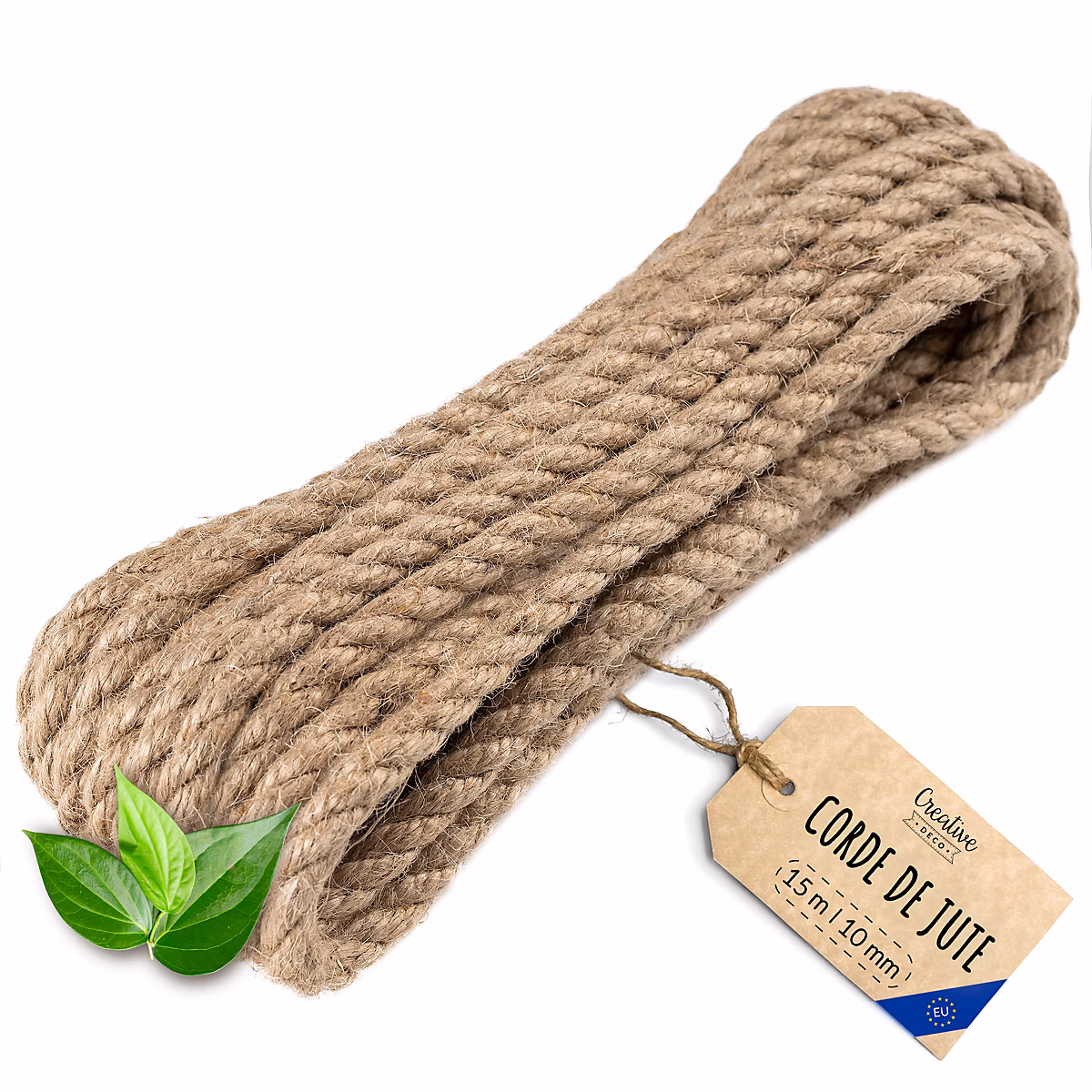 Creative Deco 15m Corde de Jute Epaisseur 10mm – Personnalisation Possible Tous les 5m, Corde Solide, Torsadé Fibres Naturelles