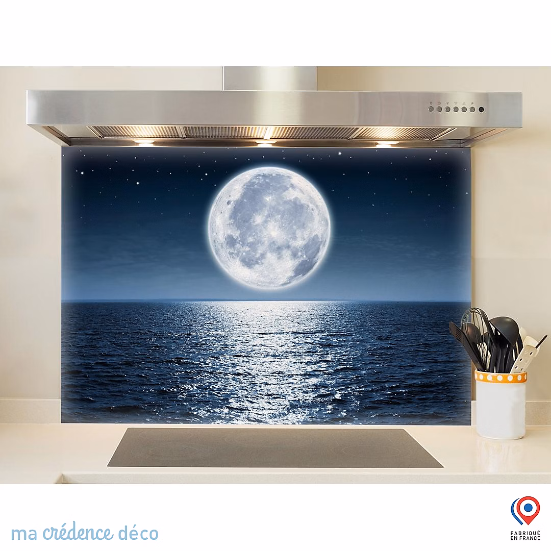 Crédence cuisine fond de hotte Mer et lune – Verre trempé, L 90 cm x H 70 cm, MaCrédenceDéco