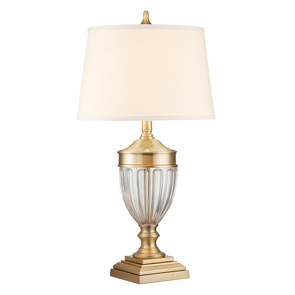 Elstead Quoizel Dennison Lampe de table avec abat-jour conique rond laiton brossé – Réf. ODMWFQWSS5177845121
