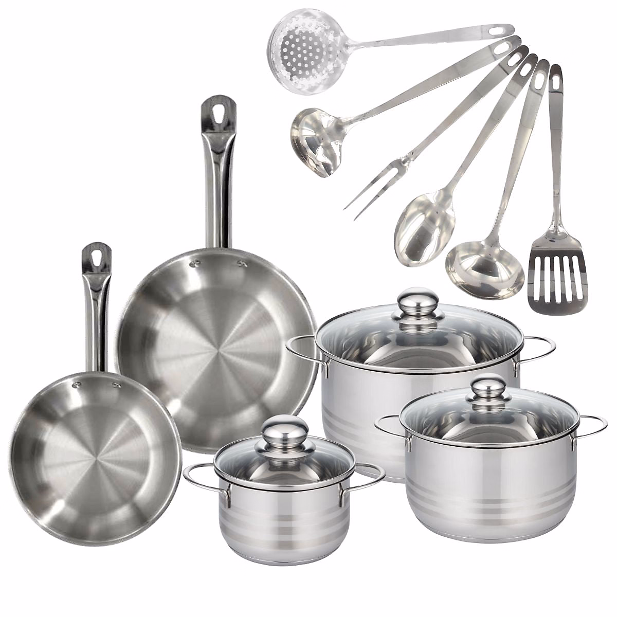 Batterie de cuisine avec 2 poêles 20/24 cm et 3 faitouts 20/24 cm avec 6 ustensiles de cuisine Fackelmann Etherna Brillant Oxford – Réf. IKIQZUWEG3127979070