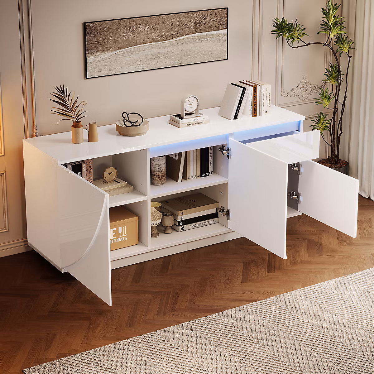 Buffet 140 cm en MDF blanc avec LED et étagères réglables – Réf. NLDHSRQZP6462700318