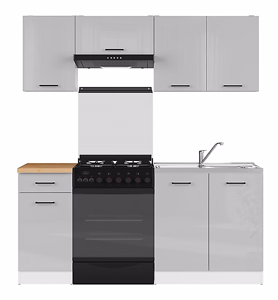 Cuisine complète 180 cm – Ensemble de meuble de cuisine coloris gris clair brillant/blanc, plan de travail coloris Chêne doré inclus