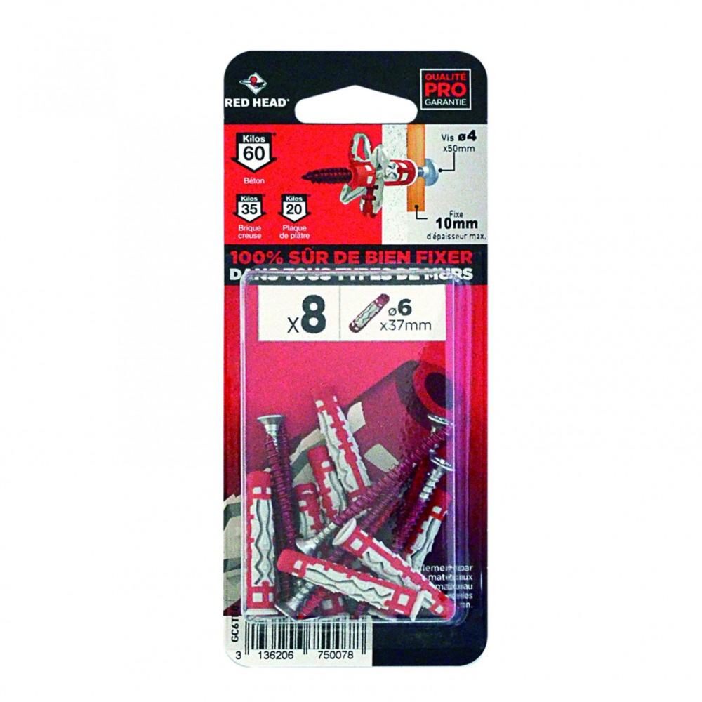 RED HEAD Lot de 8 chevilles et vis couleur RED HEAD, Diam.6 mm x L.37 mm