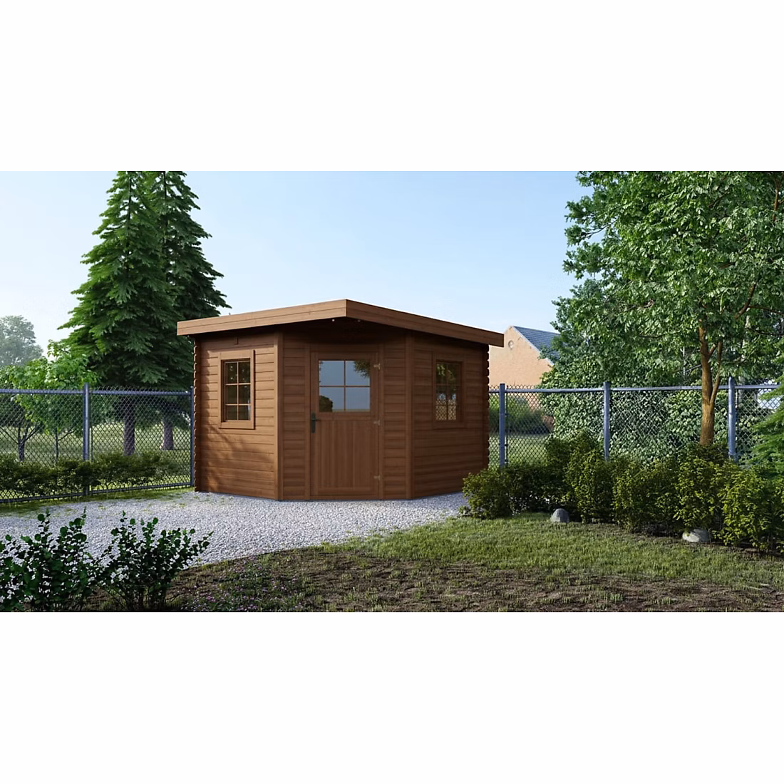 Abri de jardin en bois – 8m2, 3 × 3m, Traité, Ep. 28mm, Couleur: marron, DOM753