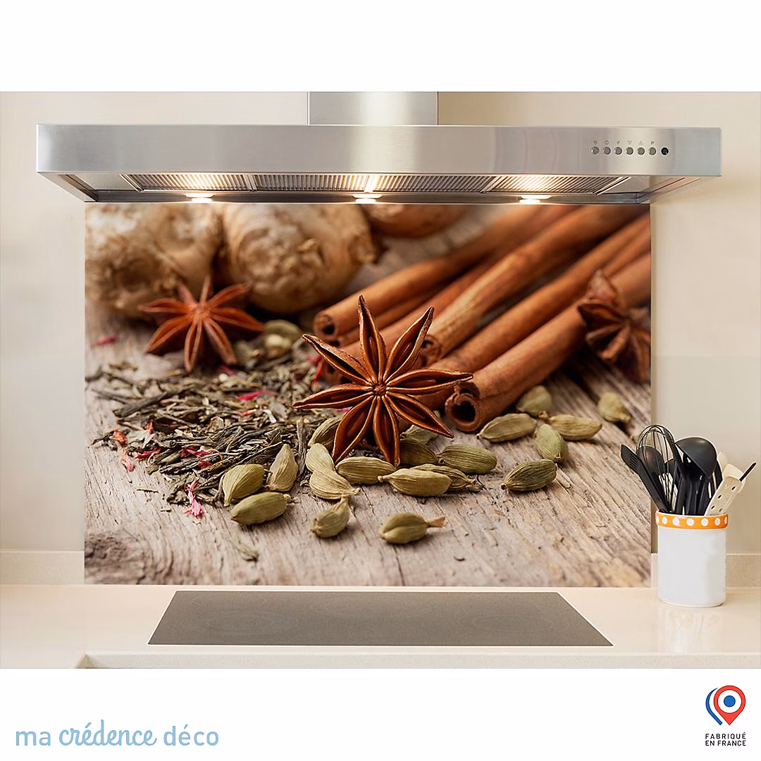 Crédence cuisine fond de hotte Ingrédients pour thé avec épices – Alu composite, L 90 cm x H 50 cm, MaCrédenceDéco