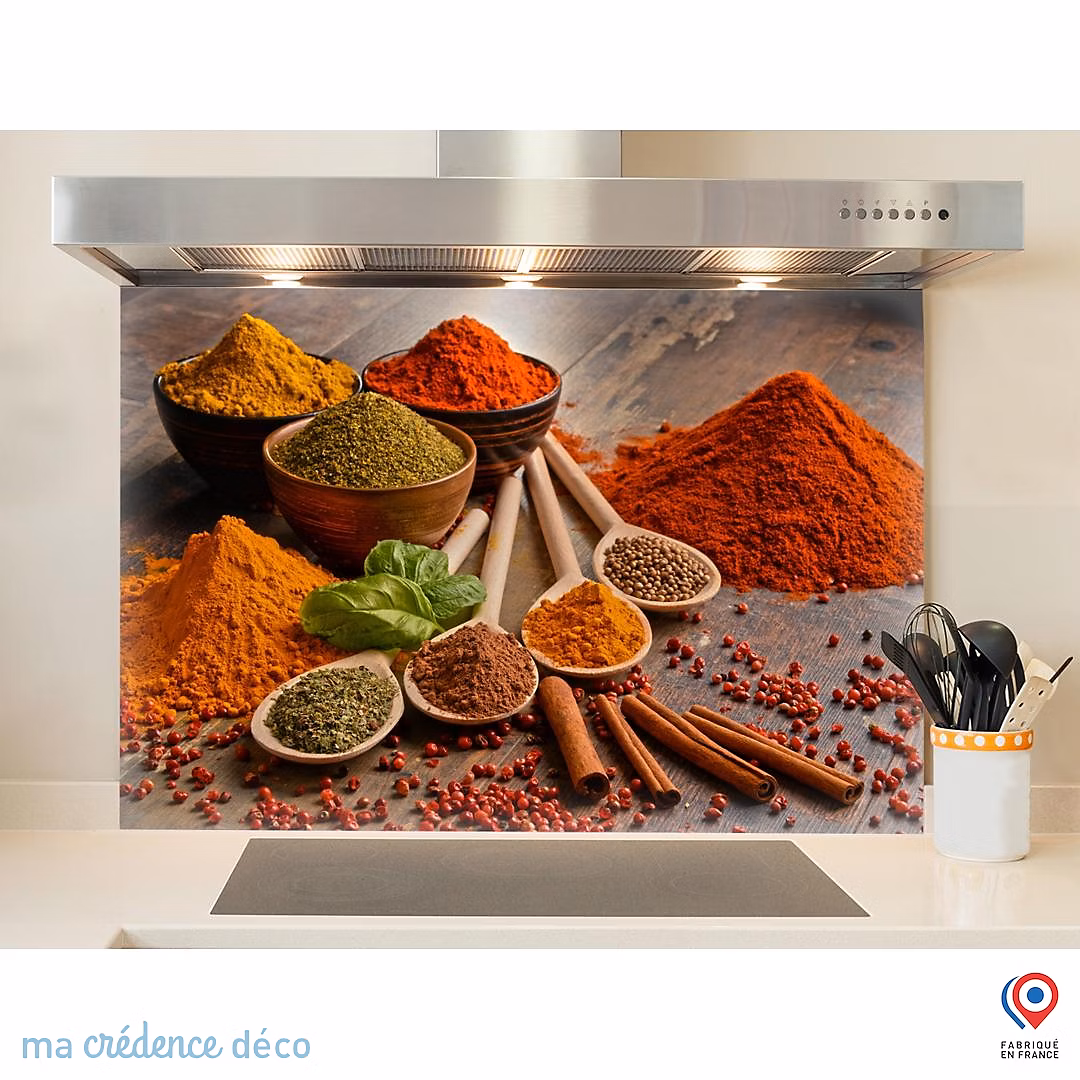 Crédence cuisine fond de hotte Epices colorées – Verre trempé, L 90 cm x H 50 cm, MaCrédenceDéco