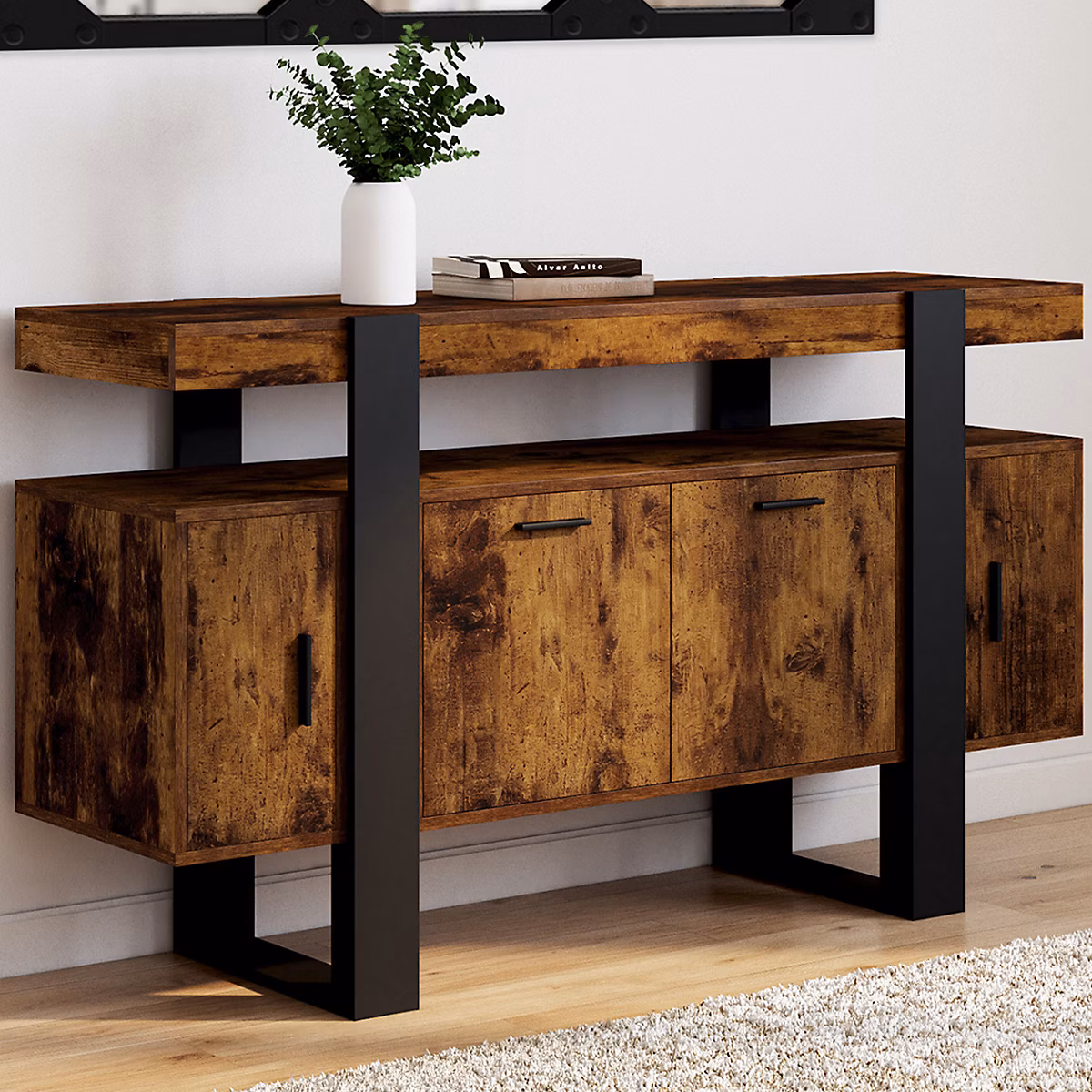 Meuble – Buffet 140 cm PHOENIX 4 portes bois effet vieilli et noir