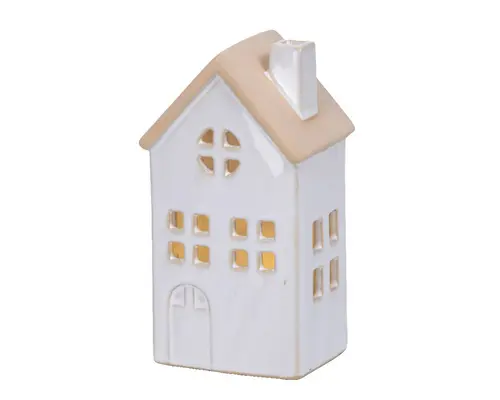 Extérieur malin:Maison en porcelaine blanche avec LED fixe blanc chaud pour intérieur - 6,7 x 8,7 x 15,5 cm