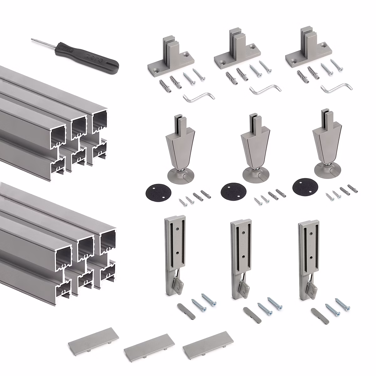 Emuca Lot de 3 cadres Zero avec quincaillerie et profilés pour montage au sol et au mur avec vérin circulaire – Aluminium et Zamak
