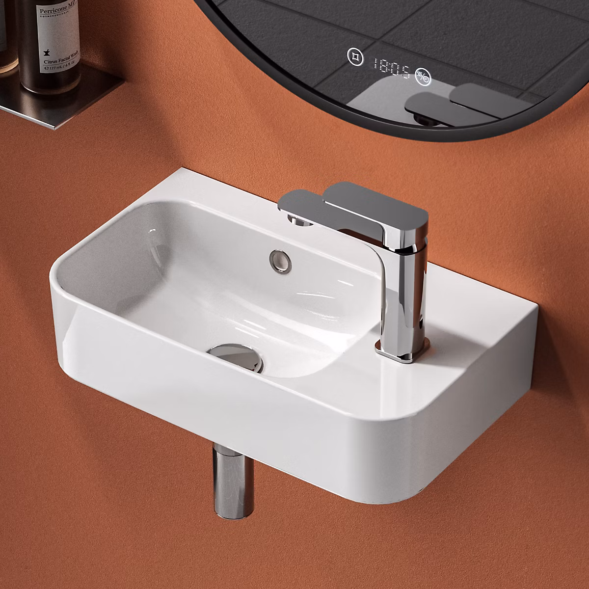 EMKE Lavabo Mural de Salle de Bain 450 × 265 × 156 mm – Vasque Rectangulaire en Céramique, Trou pour Robinet à Gauche, Blanc Brillant