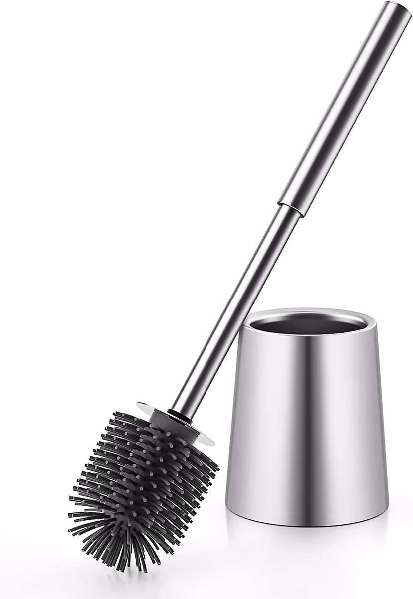 Accessoire WC – Brosse WC Argent avec Tête en Silicone et Support