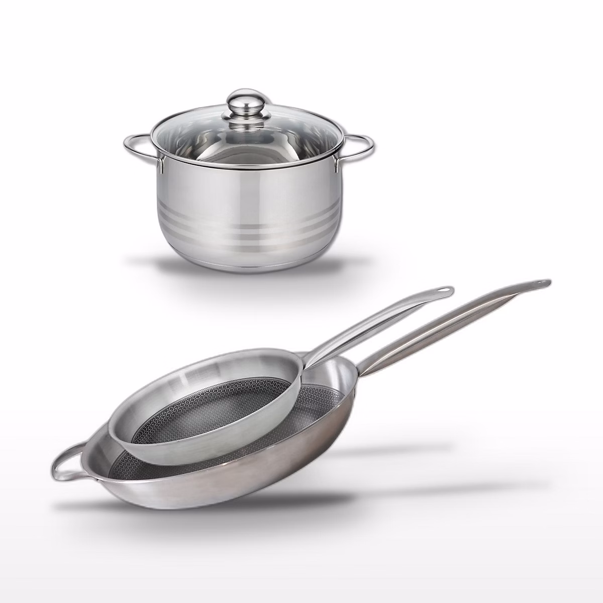 Matériel de cuisson – Batterie de cuisine avec 2 poêles de cuisson 28/32 cm et 1 faitout 24 cm en inox sans PFAS Elo Collection Relief Solution Brillant