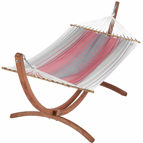 Pour un jardin plus agréable：Set support et hamac EsKapade coloris rubis argenté en bois et polypropylène Jobek Hamacs - 323 x 125 x 128 cm