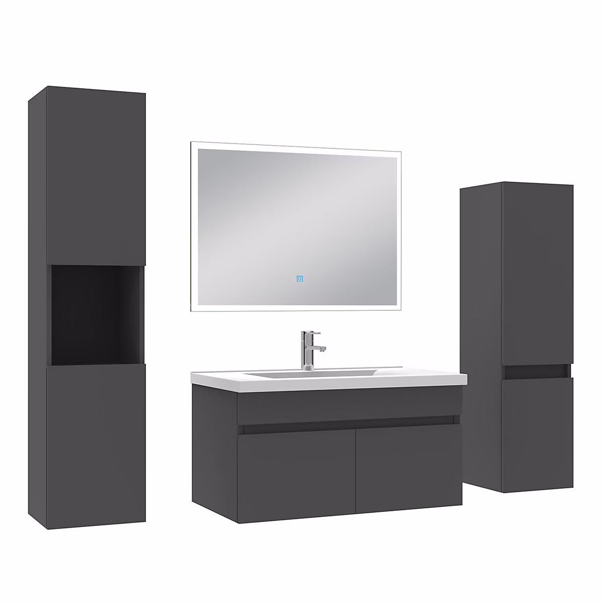 Ensemble meuble de salle de bains – Ensemble meuble Salle de Bain 80cm simple vasque avec colonne + miroir lumineux dimmable anthracite