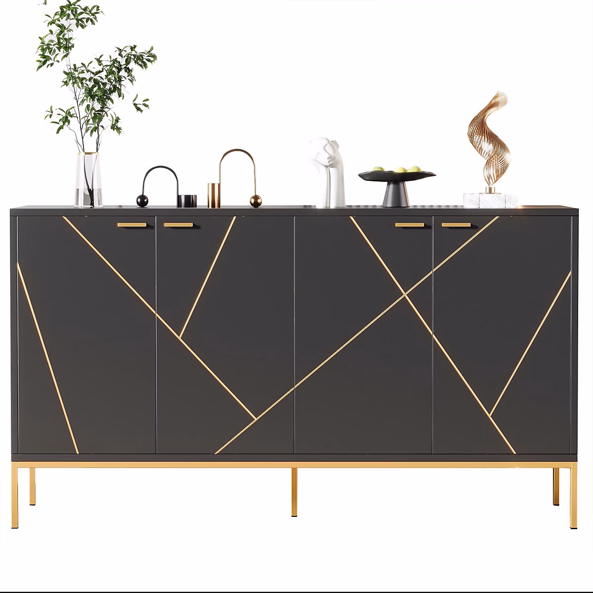Buffet Quatre Portes 150 Cm – Pieds En Métal | Décor Ligne Métal | Noir Et Or