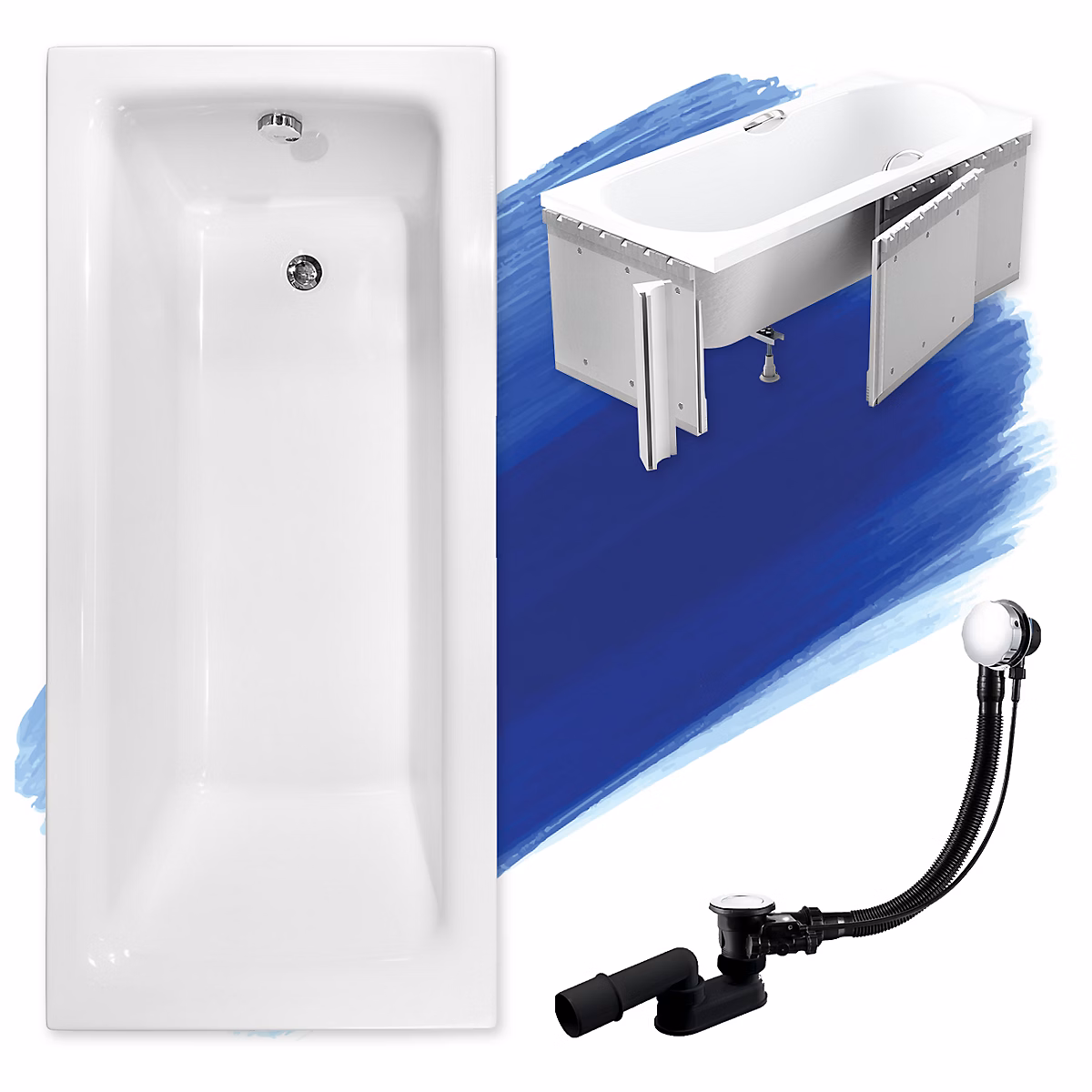 Baignoire rectangulaire 110 x 70 TALIA acrylique blanc + Habillage en polystyrène + Pieds + Vidage à chromé | Baignoire