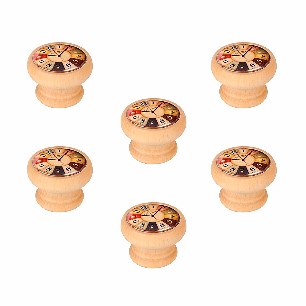 6 Un. bouton poignées de meuble Vintage Retro bois colorant naturel horloge couleures – diamètre 40MM