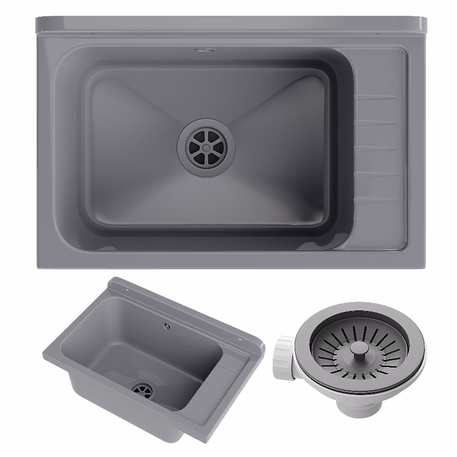 Évier Granitan Monza pour Buanderie – Local Chaudière et Garage Gris avec Siphon | 1 Set