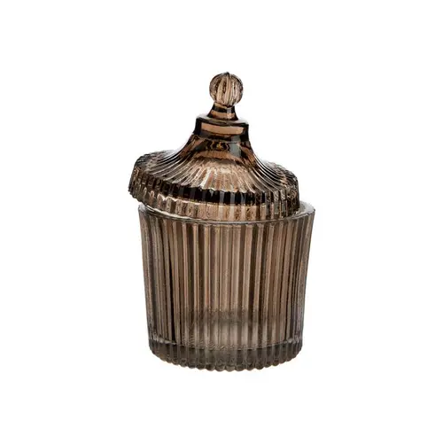 Idéal pour votre jardin:Boîte ronde décorative en verre fumé marron strié - Ø 9,5 x H 15 cm