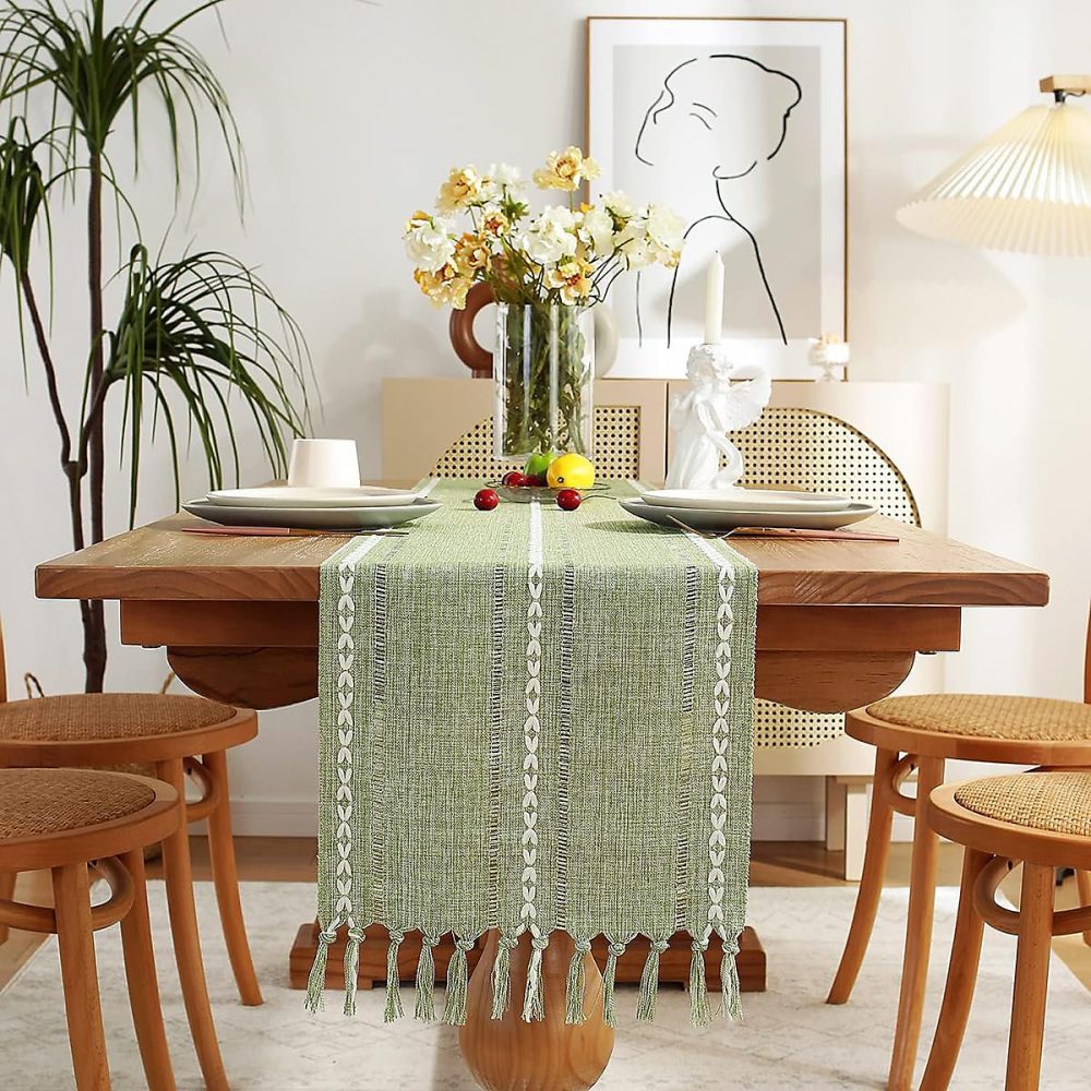 Chemin de Table Bohème Coton et Lin 33 × 120 cm Vert
