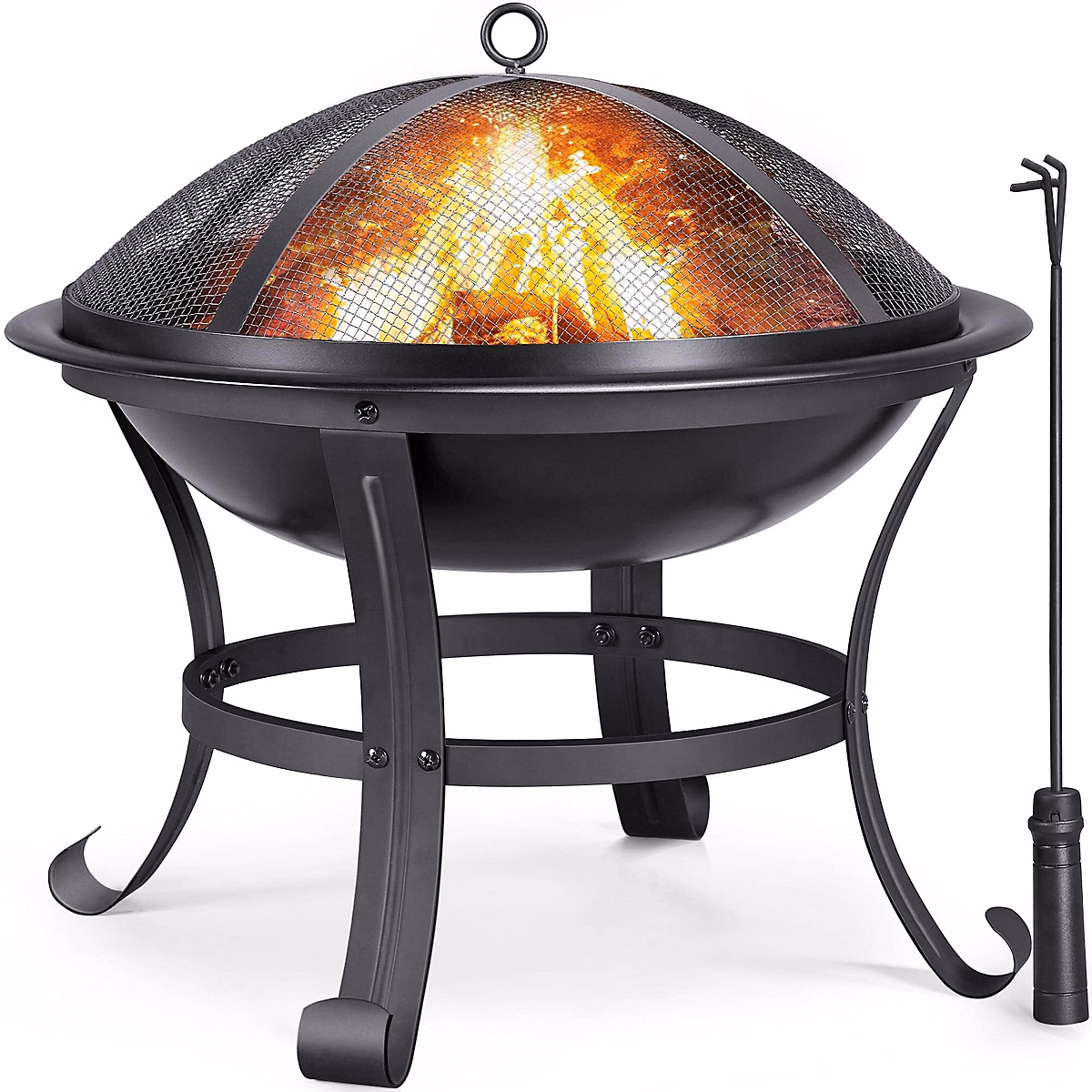Brasero Jardin Chauffage Noir Foyer avec Tisonnier Grille et Couvercle en Fer 54 × 54 × 50 cm Terrasse Exterieur Patio