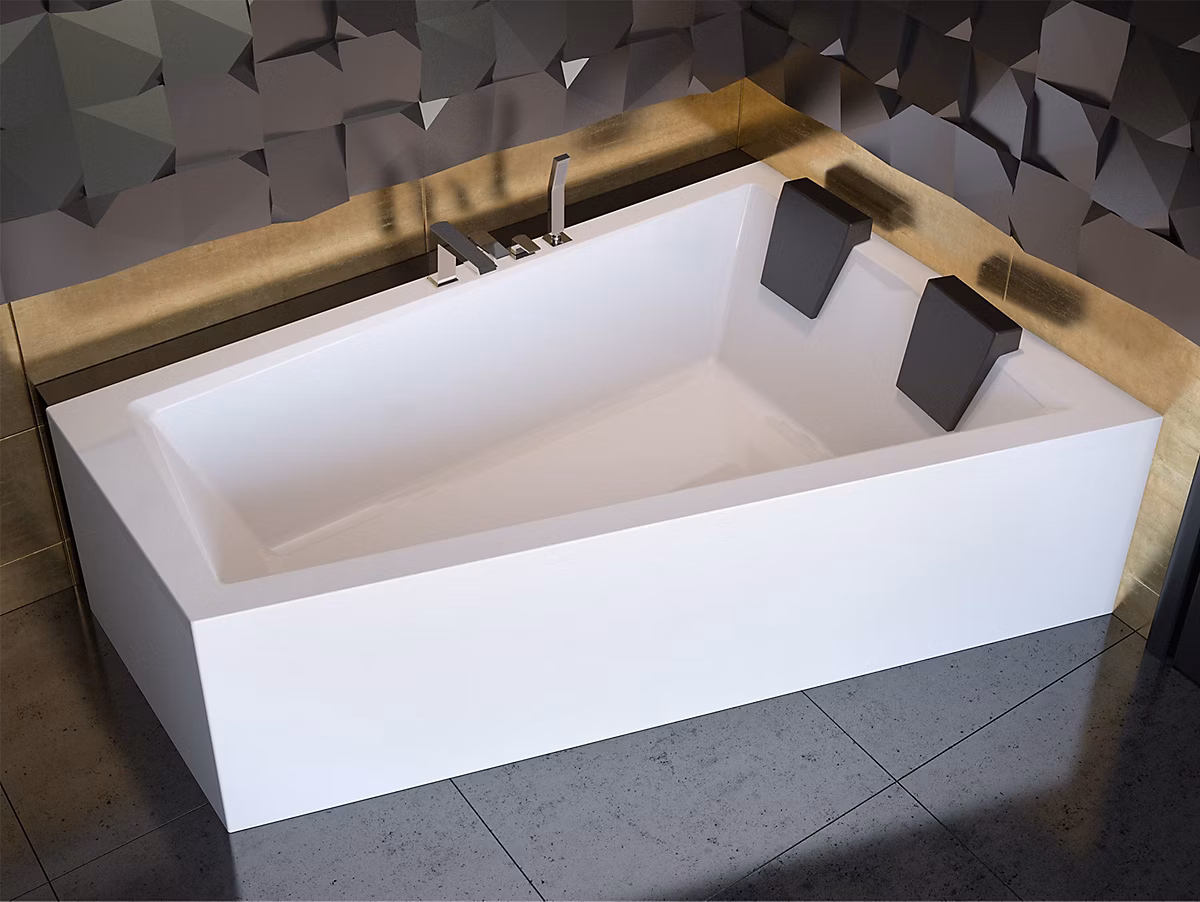 Baignoire asymétrique 180 x 125 Droite INTIMA acrylique blanc + avec Tablier + Repose Tête + Pieds + Vidage à chromé | Baignoire