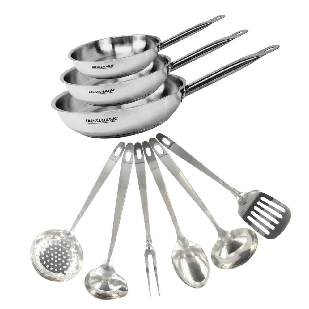 Fackelmann Set de 3 poêles de 20, 24 et 28 cm en inox et 6 ustensiles inox fackelmann eterna