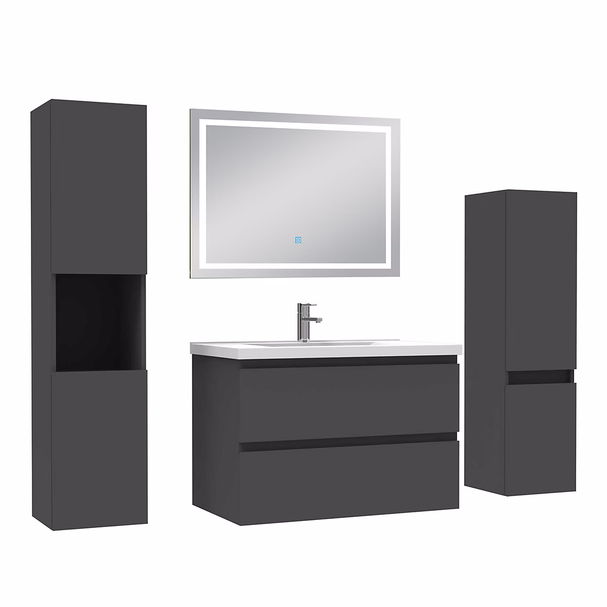 Ensemble meuble Salle de Bain 80cm avec colonne et miroir lumineux 3 couleurs Anthracite – Réf. FEFUKFYXP0005324505
