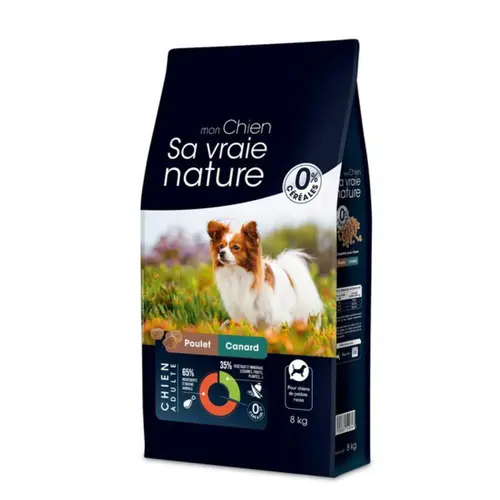 Durable au jardin：Croquettes sans céréales pour chien adulte de petite race canard poulet Sa Vraie Nature - 8 kg