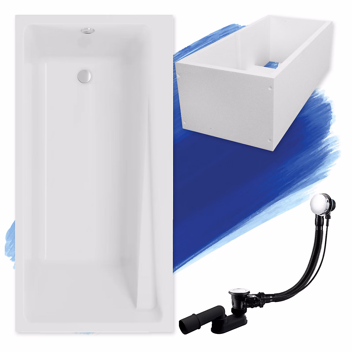 Baignoire rectangulaire 170 x 75 ELZA acrylique blanc + Support stabilisateur en polystyrène + Pieds + Vidage à chromé | Baignoire
