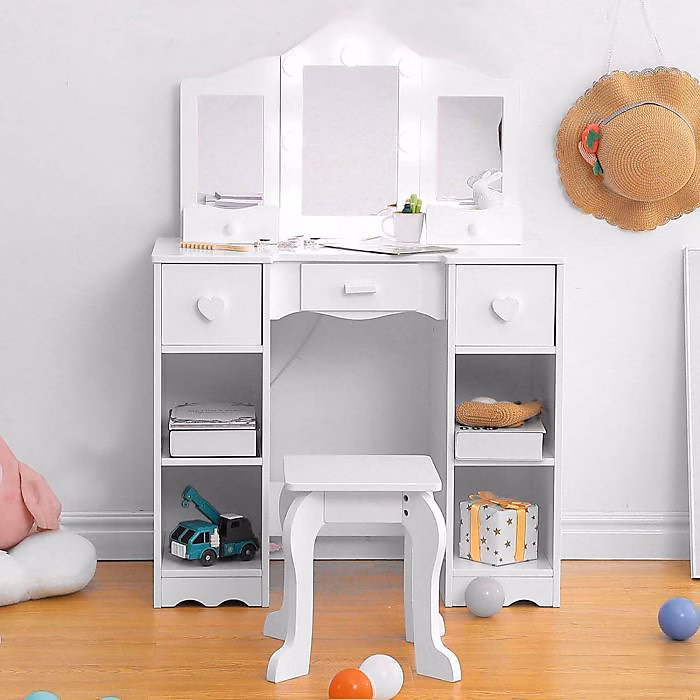 Coiffeuse pour enfant – PROMIRACAL, 70 × 34 × 100cm, Miroir Pliable, 5 Tiroirs, Blanc