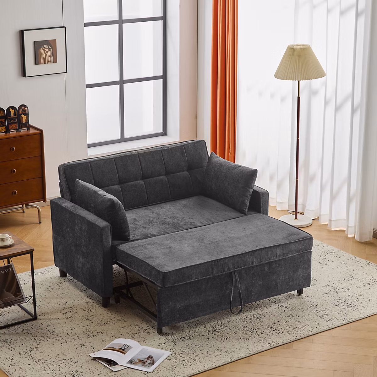 Canapé convertible – 2 places, dossier réglable, tissu chenille, mousse haute densité