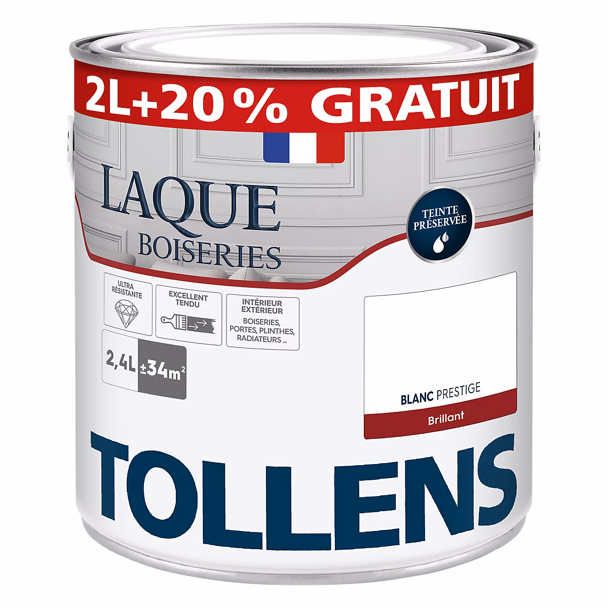 Peinture intérieure – Laque boiseries et métal Tollens blanc prestige brillant 2L+20% gratuit