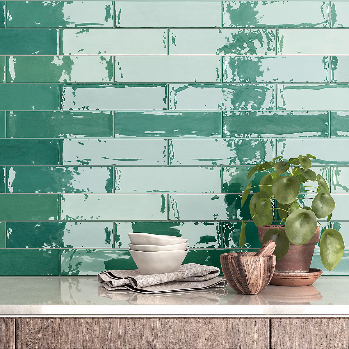 Carrelage mural intérieur/exterieur. Grès cérame Zellige Green 7 × 28cm
