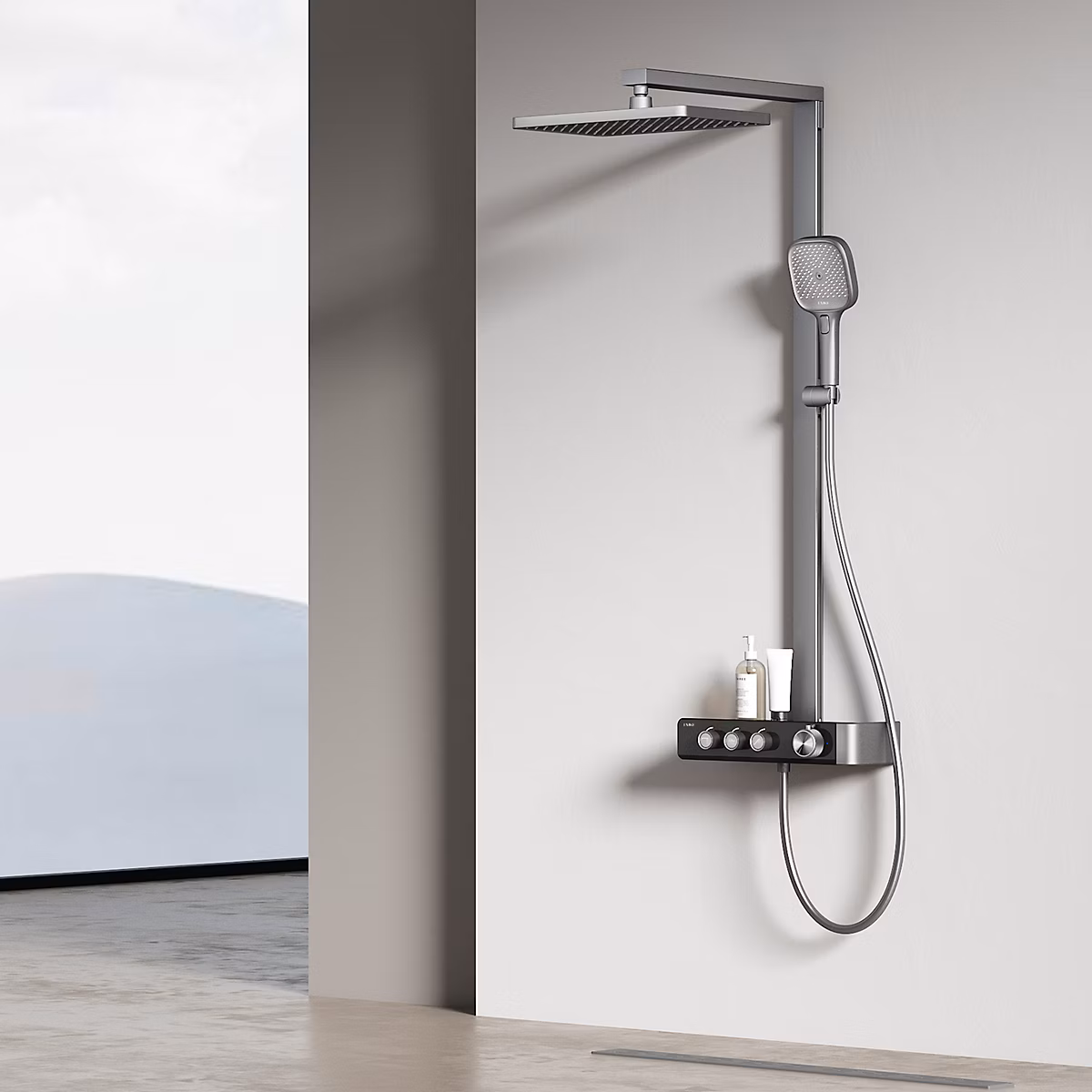 EMKE Colonne de douche Thermostat – douche à effet pluie de 36 × 24cm, douchette à main avec 3 jets, anthracite