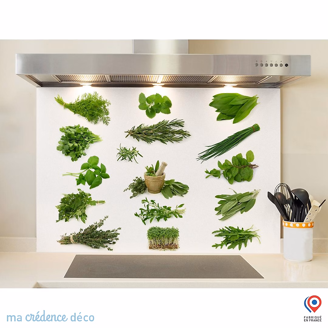 Crédence cuisine fond de hotte Herbier 4 – Verre trempé | L 90 cm x H 70 cm | MaCrédenceDéco